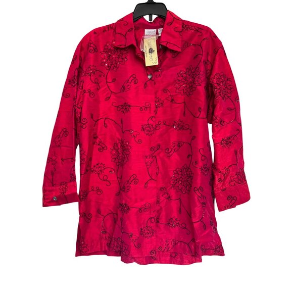 Bleu Bayou Dupioni Silk Womens Red Floral Tunic Shirt Size M Hand Embroidered - Picture 4 of 7